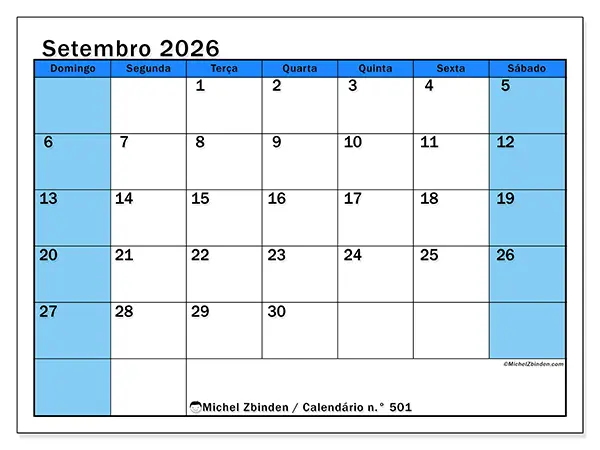 Calendário de setembro de 2026 para imprimir - Estudos dinâmicos - Semana de domingo a sábado