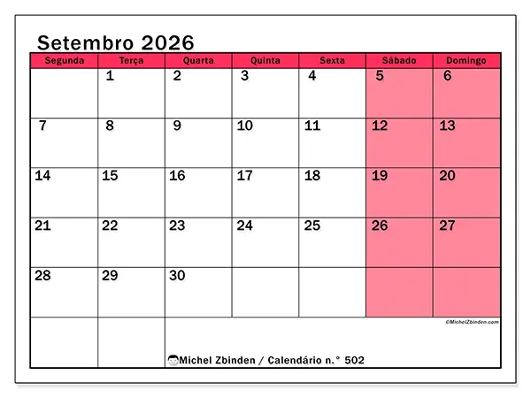 Calendário de setembro de 2026 para imprimir - Gestão luminosa
