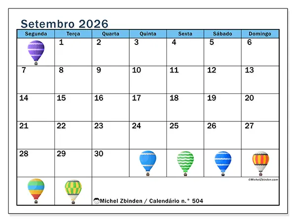 Calendário de setembro de 2026 para imprimir - Balões de ar quente