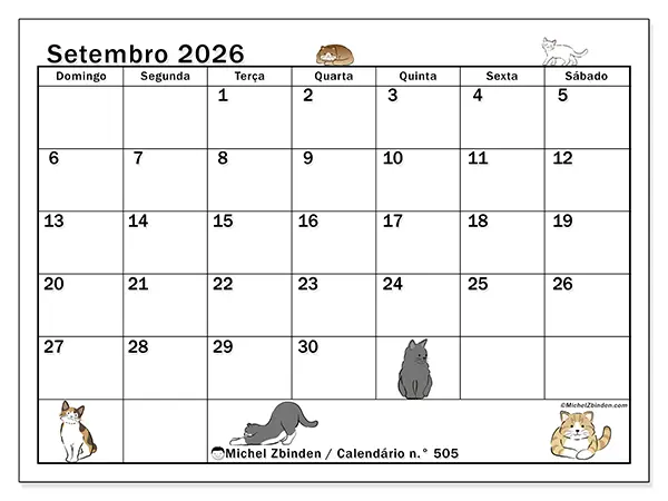 Calendário de setembro de 2026 para imprimir - Vida de gato - Semana de domingo a sábado
