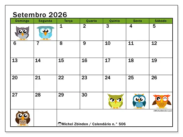 Calendário de setembro de 2026 para imprimir - Corujas divertidas - Semana de domingo a sábado