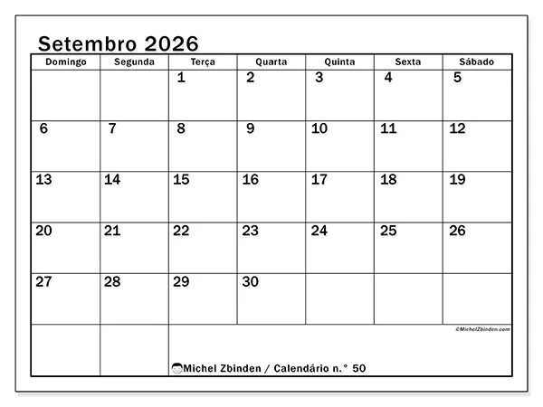 Calendário de setembro de 2026 para imprimir - Planeamento ideal - Semana de domingo a sábado