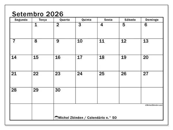 Calendário de setembro de 2026 para imprimir - Planeamento ideal