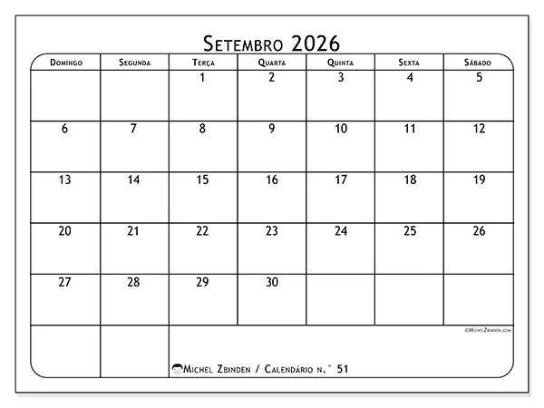 Calendário de setembro de 2026 para imprimir - Planeador de refeições - Semana de domingo a sábado