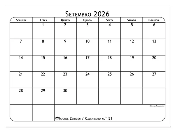 Calendário de setembro de 2026 para imprimir - Planeador de refeições