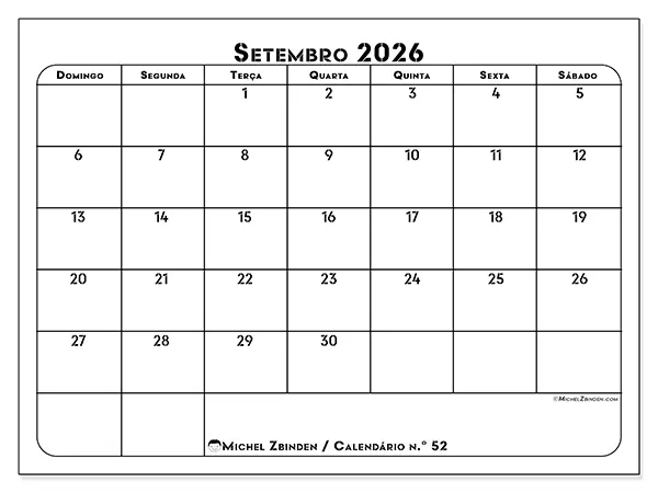 Calendário de setembro de 2026 para imprimir - Organização profissional - Semana de domingo a sábado