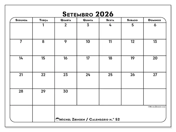 Calendário de setembro de 2026 para imprimir - Organização profissional