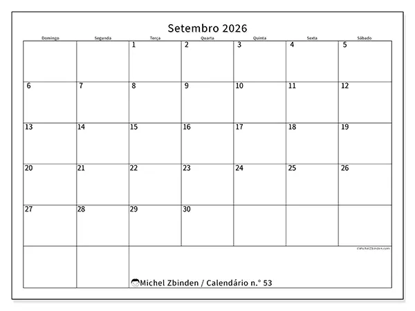 Calendário de setembro de 2026 para imprimir - Horário eficiente - Semana de domingo a sábado