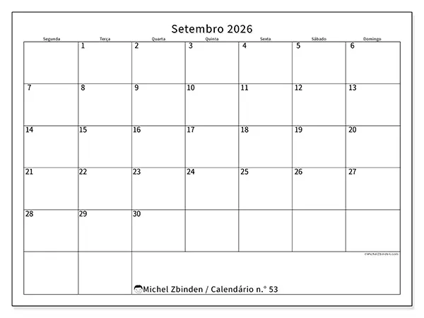 Calendário de setembro de 2026 para imprimir - Horário eficiente