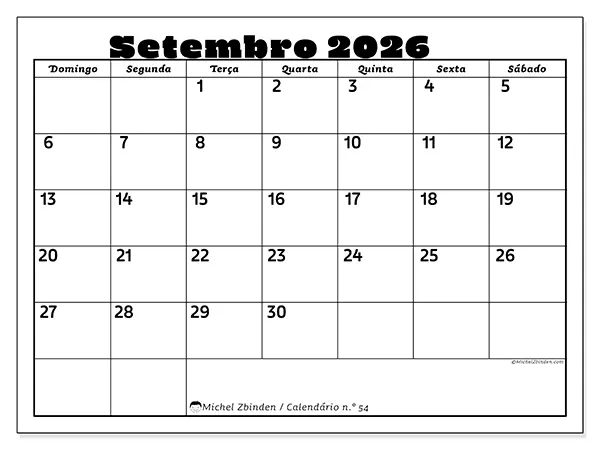 Calendário de setembro de 2026 para imprimir - Atividades em família - Semana de domingo a sábado