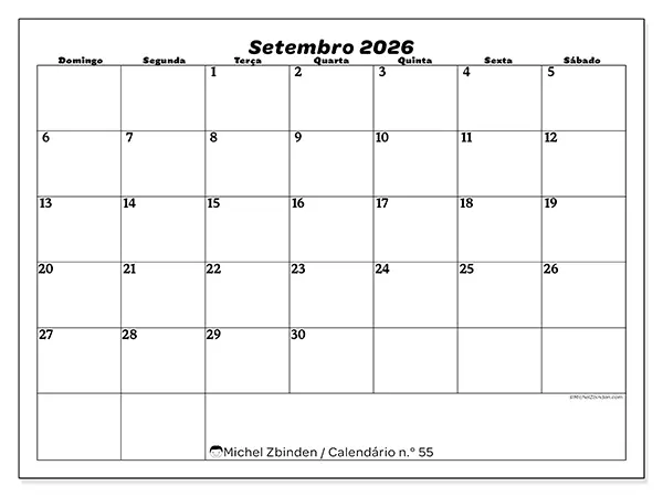 Calendário de setembro de 2026 para imprimir - Organização do lazer - Semana de domingo a sábado