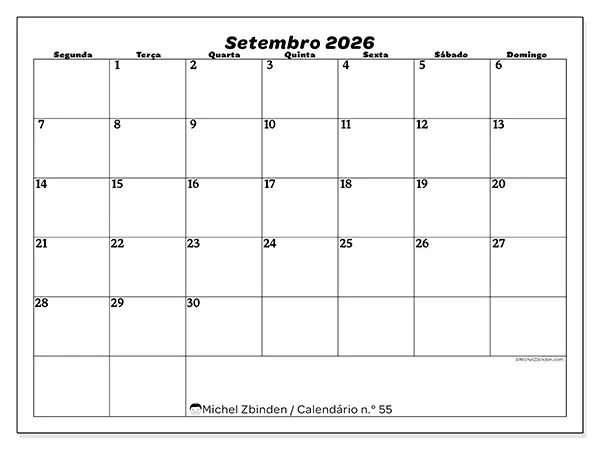 Calendário de setembro de 2026 para imprimir - Organização do lazer