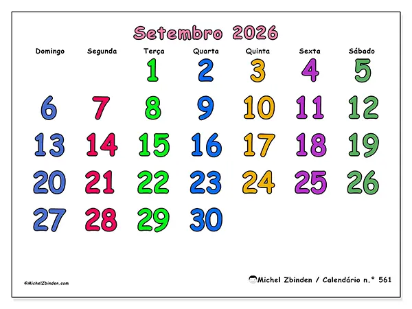 Calendário de setembro de 2026 para imprimir - Momentos criativos - Semana de domingo a sábado