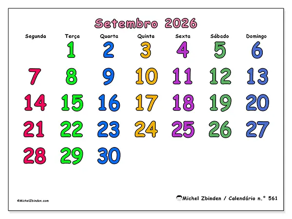 Calendário de setembro de 2026 para imprimir - Momentos criativos