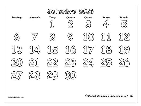 Calendário de setembro de 2026 para imprimir - Colorir útil - Semana de domingo a sábado