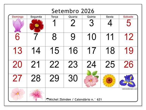 Calendário de setembro de 2026 para imprimir - Flores grandes - Semana de domingo a sábado