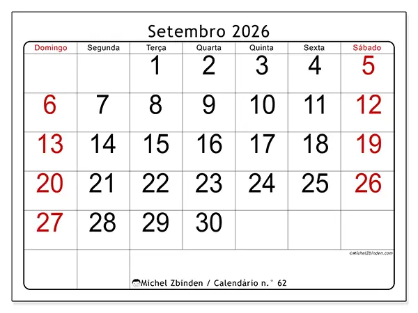 Calendário de setembro de 2026 para imprimir - Leitura rápida - Semana de domingo a sábado