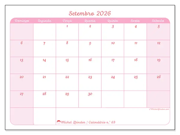Calendário de setembro de 2026 para imprimir - Organização suave - Semana de domingo a sábado