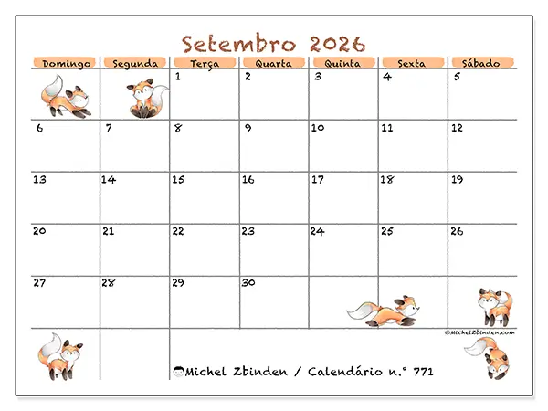 Calendário de setembro de 2026 para imprimir - Desenhos de raposas - Semana de domingo a sábado