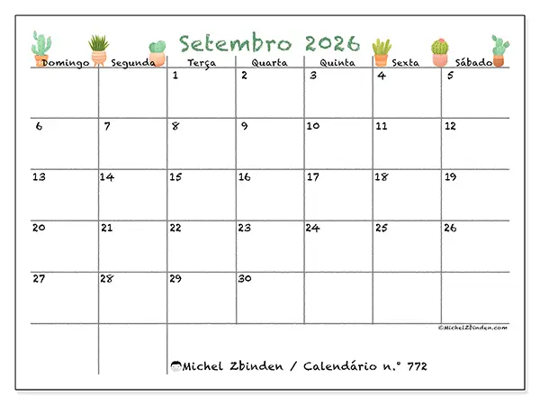 Calendário de setembro de 2026 para imprimir - Cactos decorativos - Semana de domingo a sábado
