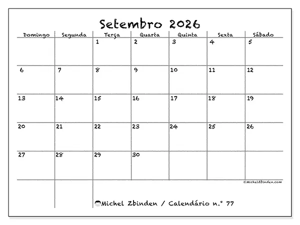 Calendário de setembro de 2026 para imprimir - Escola e família - Semana de domingo a sábado