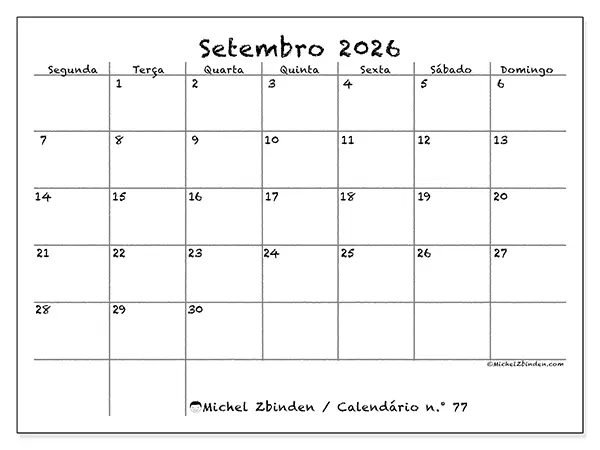 Calendário de setembro de 2026 para imprimir - Escola e família
