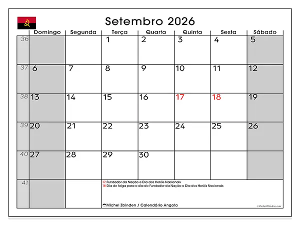 Calendário de setembro de 2026 para imprimir - Angola