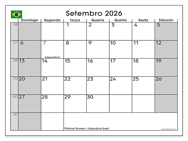 Calendário de setembro de 2026 para imprimir - Brasil