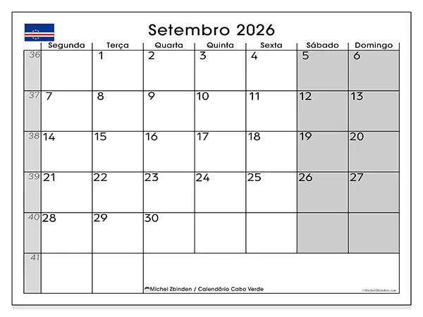 Calendário de setembro de 2026 para imprimir - Cabo Verde