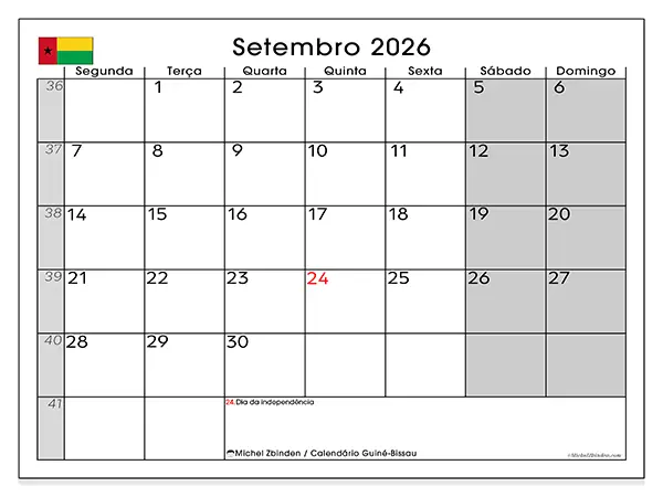 Calendário de setembro de 2026 para imprimir - Guiné-Bissau