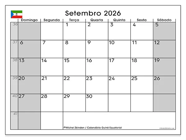 Calendário de setembro de 2026 para imprimir - Guiné Equatorial