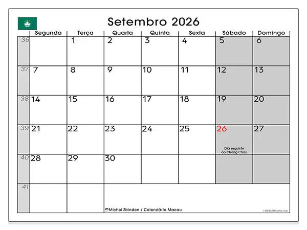 Calendário de setembro de 2026 para imprimir - Macau