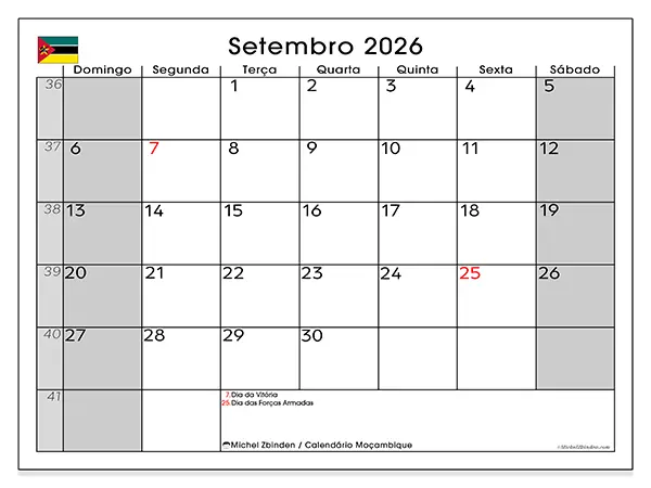 Calendário de setembro de 2026 para imprimir - Moçambique