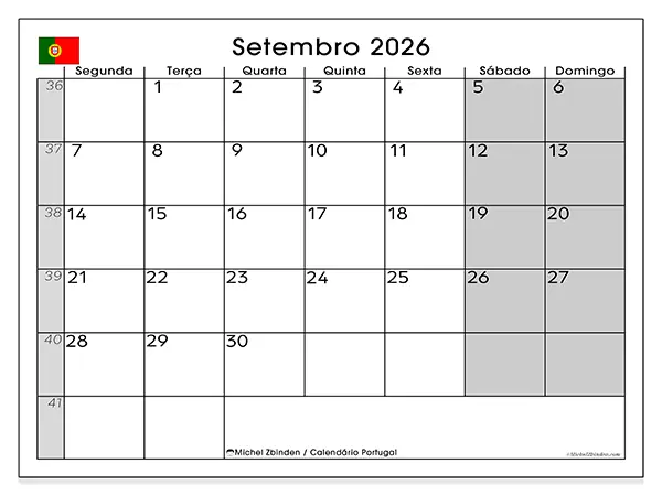 Calendário de setembro de 2026 para imprimir - Portugal