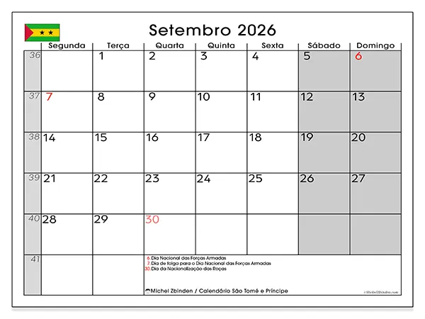 Calendário de setembro de 2026 para imprimir - São Tomé e Príncipe
