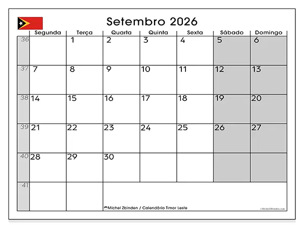 Calendário de setembro de 2026 para imprimir - Timor Leste