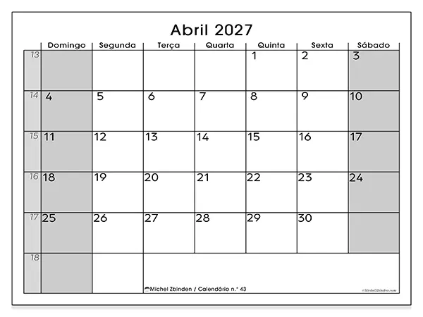 Calendário de abril de 2027 para imprimir - Organização perfeita - Semana de domingo a sábado