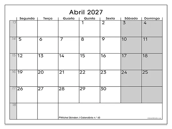 Calendário de abril de 2027 para imprimir - Organização perfeita