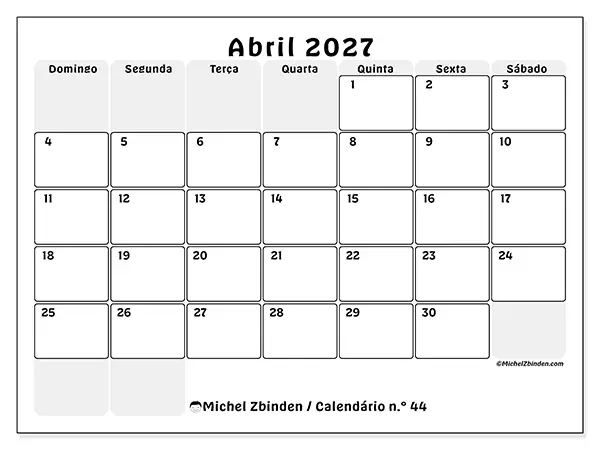 Calendário de abril de 2027 para imprimir - Planeamento estruturado - Semana de domingo a sábado