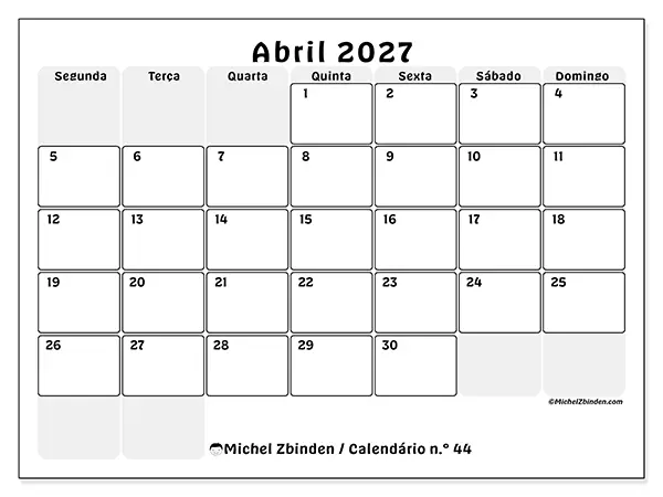 Calendário de abril de 2027 para imprimir - Planeamento estruturado