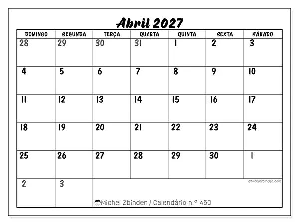 Calendário de abril de 2027 para imprimir - Organização detalhada - Semana de domingo a sábado
