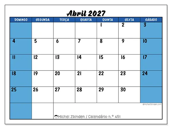 Calendário de abril de 2027 para imprimir - Organização dinâmica - Semana de domingo a sábado