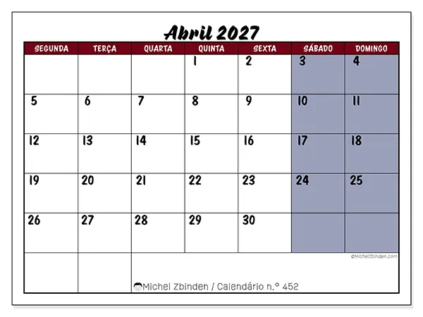 Calendário de abril de 2027 para imprimir - Tarefas em cores