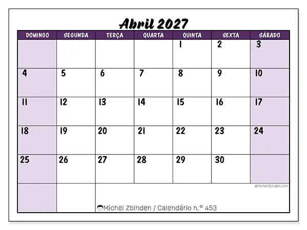 Calendário de abril de 2027 para imprimir - Eficiência colorida - Semana de domingo a sábado