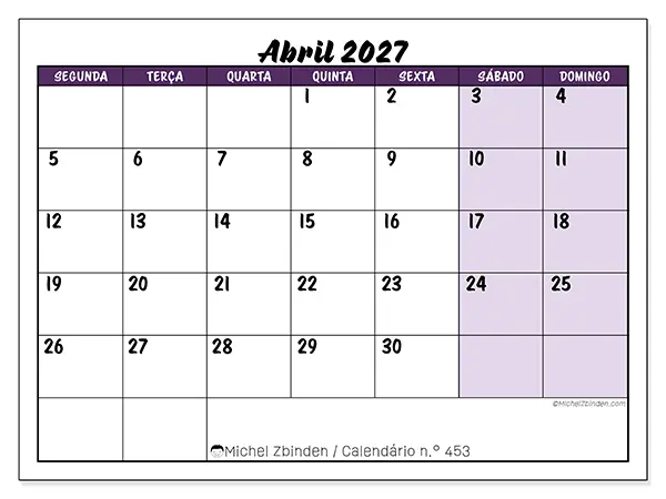 Calendário de abril de 2027 para imprimir - Eficiência colorida
