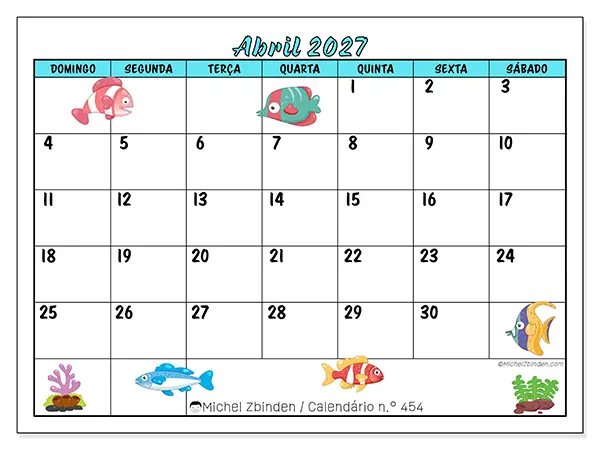 Calendário de abril de 2027 para imprimir - Peixes coloridos - Semana de domingo a sábado