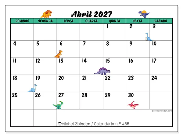 Calendário de abril de 2027 para imprimir - Pequenos dinossauros - Semana de domingo a sábado