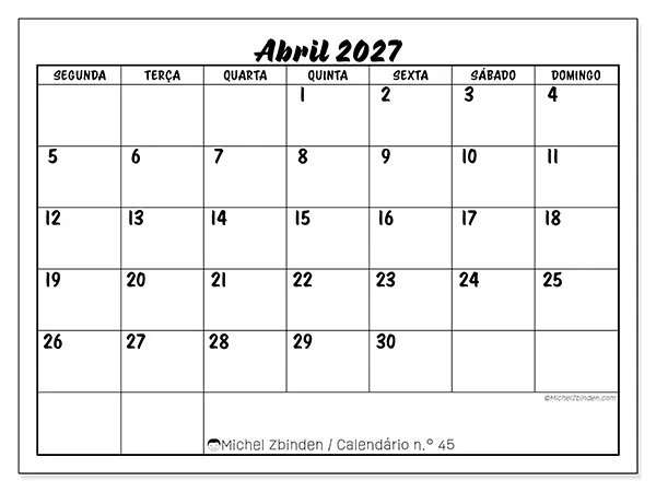 Calendário de abril de 2027 para imprimir - Sucesso escolar