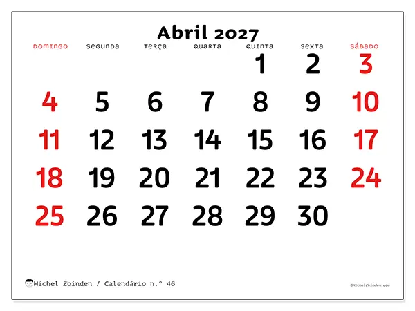 Calendário de abril de 2027 para imprimir - Visão clara - Semana de domingo a sábado