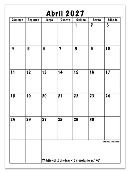 Calendário de abril de 2027 para imprimir - Planeamento eficiente - Semana de domingo a sábado